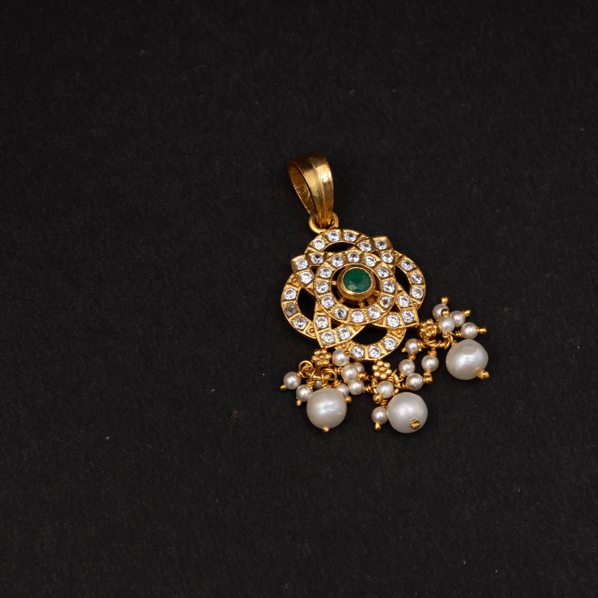 Amaya silver pendant with cz and emerald stones and pearls, Gold plated silver pendant