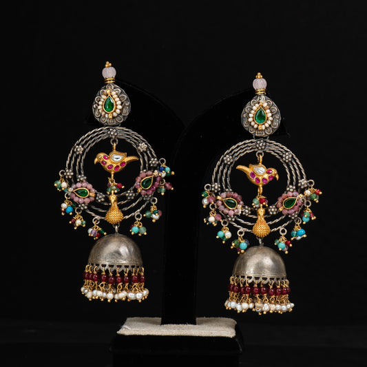 Ishya Silver Earrings, 92.5 silver earrings with gold-plating, gold plated silver earrings featuring with timeless Moissanite, Ruby, Emerald, and Seed pearls