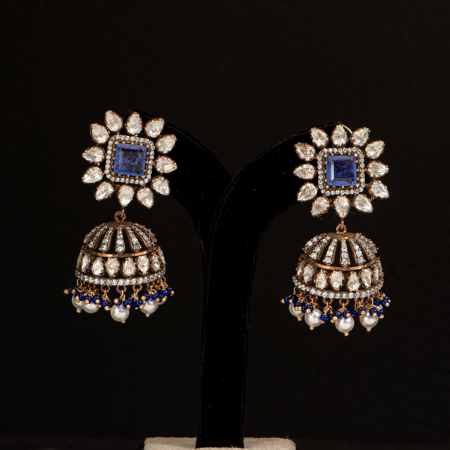 Naina Silver Jhumka, 92.5 silver earrings with gold-plating, gold plated silver earrings featuring with timeless Moissanite, Cubic zirconia, Blue sapphire, and Beads