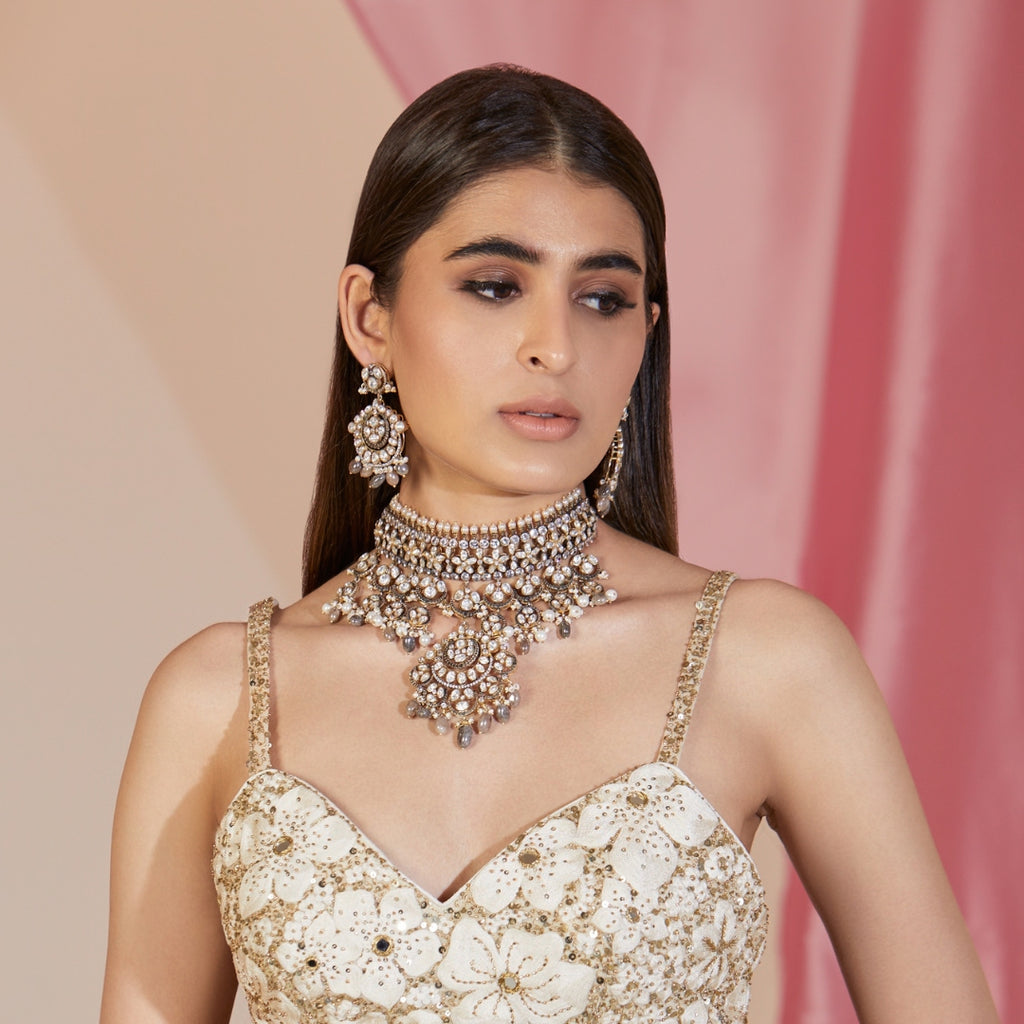 Nithya choker necklace, gold plated 92.5 silver choker necklace featuring cz and moissanite stones