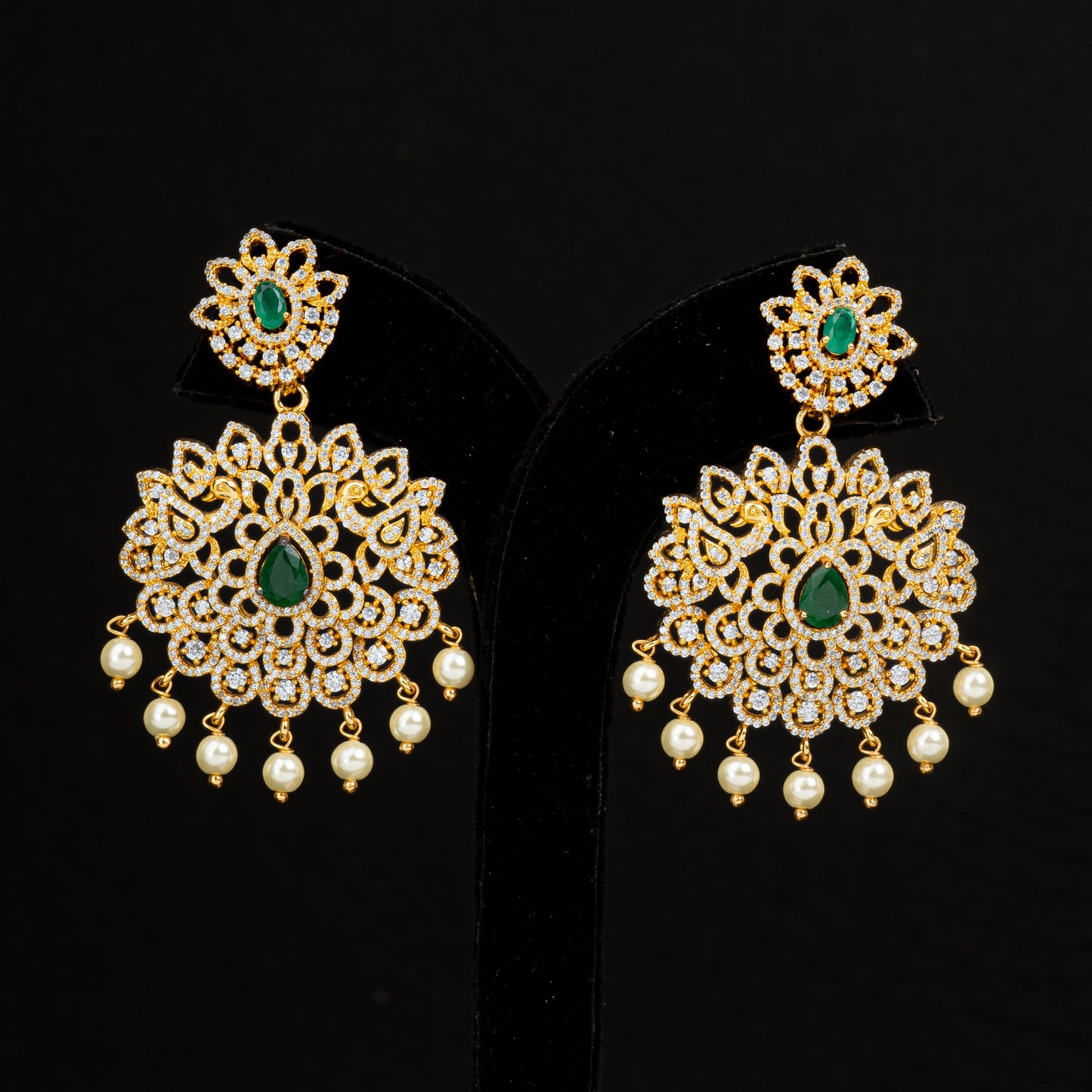 Ameya Silver Earrings, 92.5 silver earrings with gold-plating, gold plated silver earrings featuring with timeless Cubic zirconia stones, Emeralds and beads