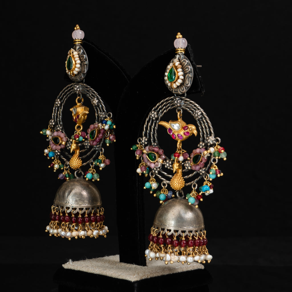 Ishya Silver Earrings, 92.5 silver earrings with gold-plating, gold plated silver earrings featuring with timeless Moissanite, Ruby, Emerald, and Seed pearls