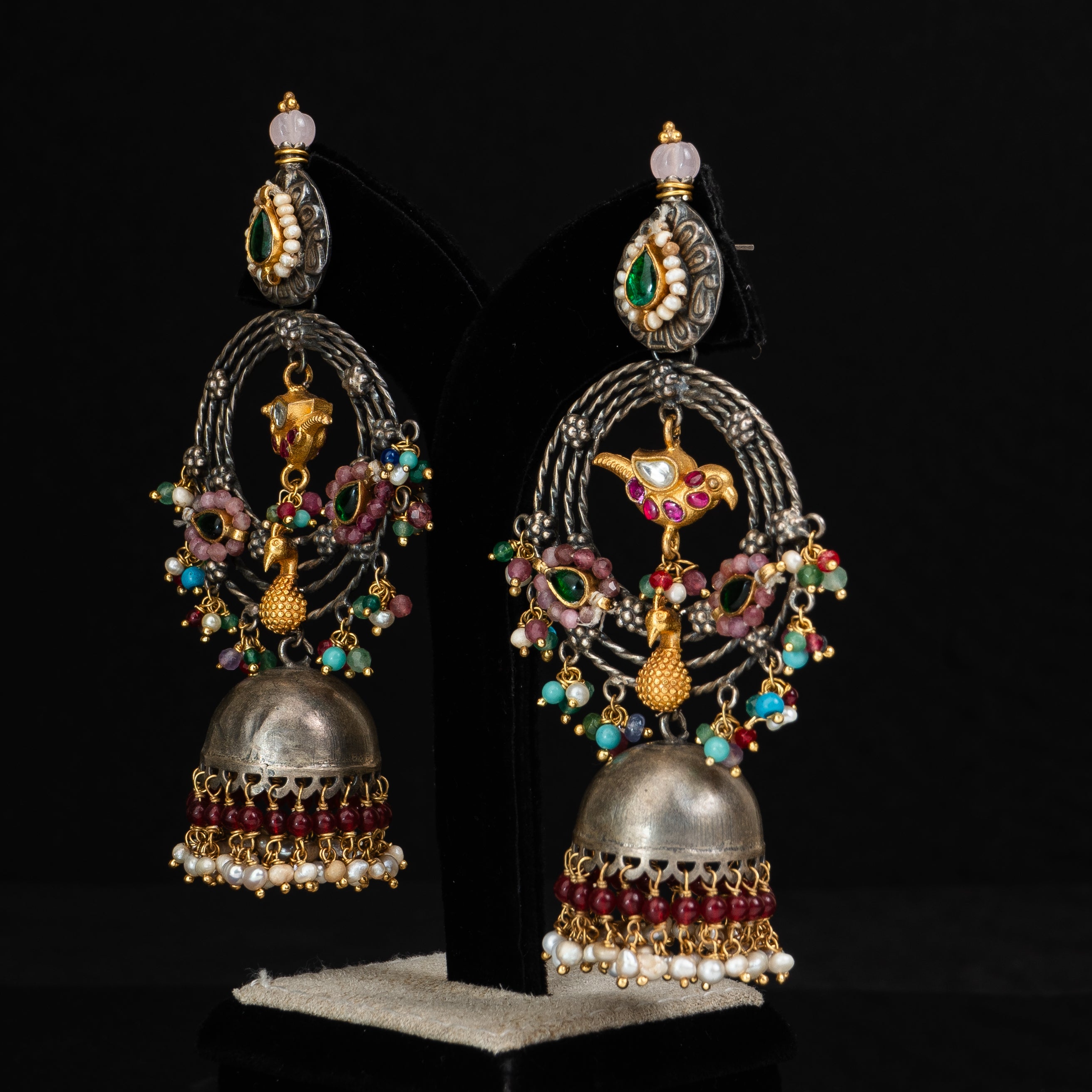Ishya Silver Earrings, 92.5 silver earrings with gold-plating, gold plated silver earrings featuring with timeless Moissanite, Ruby, Emerald, and Seed pearls