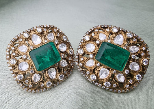 Osha Victorian silver stud earrings, gold-plated 92.5 silver studs featuring emerald, cz and moissanite stones