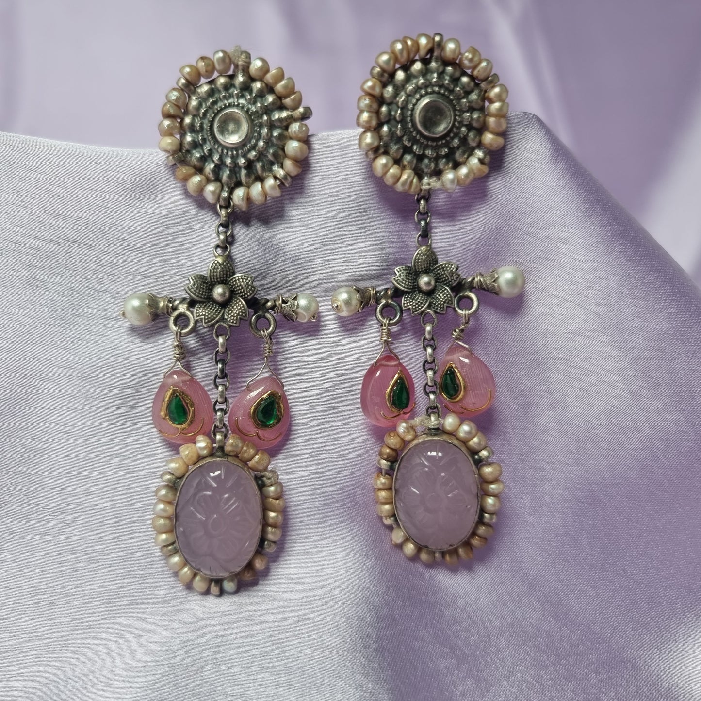 Saanvi antique silver earrings, 92.5 silver earrings featuring kundan stones and seed pearls