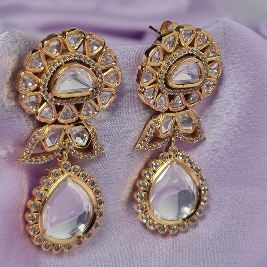 Sanaya polki silver earrings, gold-plated 92.5 silver earrings featuring polki and cz stones