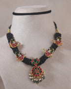 Mahira Thread Silver Necklace, Gold plated 92.5 silver necklace featuring moissanite, emerald stones and rubies