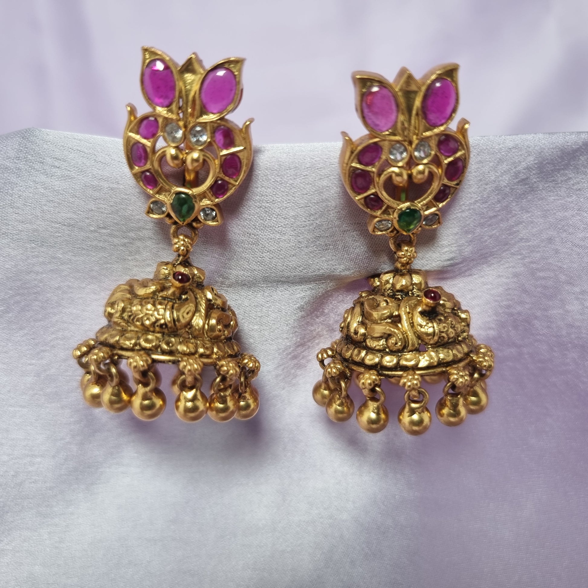 Riya kundan silver jhumka, gold-plated 92.5 silver jhumka featuring kundan stones