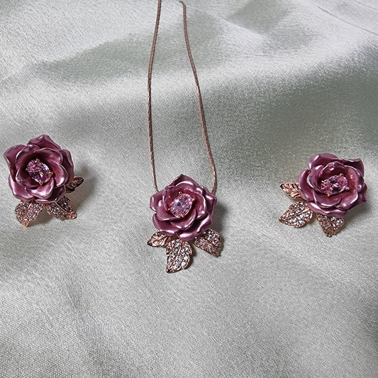 Rose pendant chain with earrings, Rose-gold polished silver chain with earrings