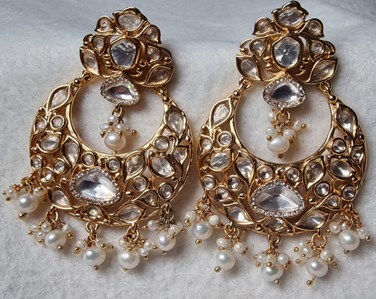 Chameli Kundan Silver Earrings, gold-plated kundan silver earrings, chandbali design kundan silver earrings