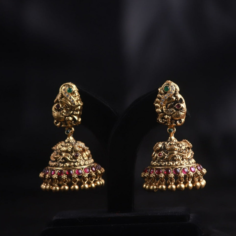 Aarohi Antique Silver Jhumka Earrings, gold-plated silver earrings, silver jhumkas