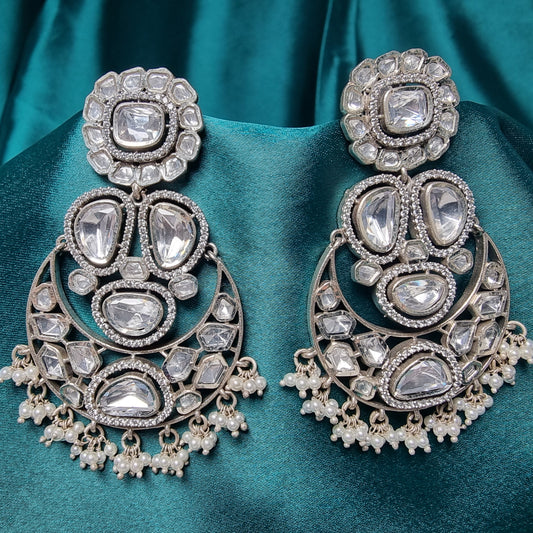 Shyla kundan silver earrings, 92.5 silver chandbali earrings featuring cz and kundan stones