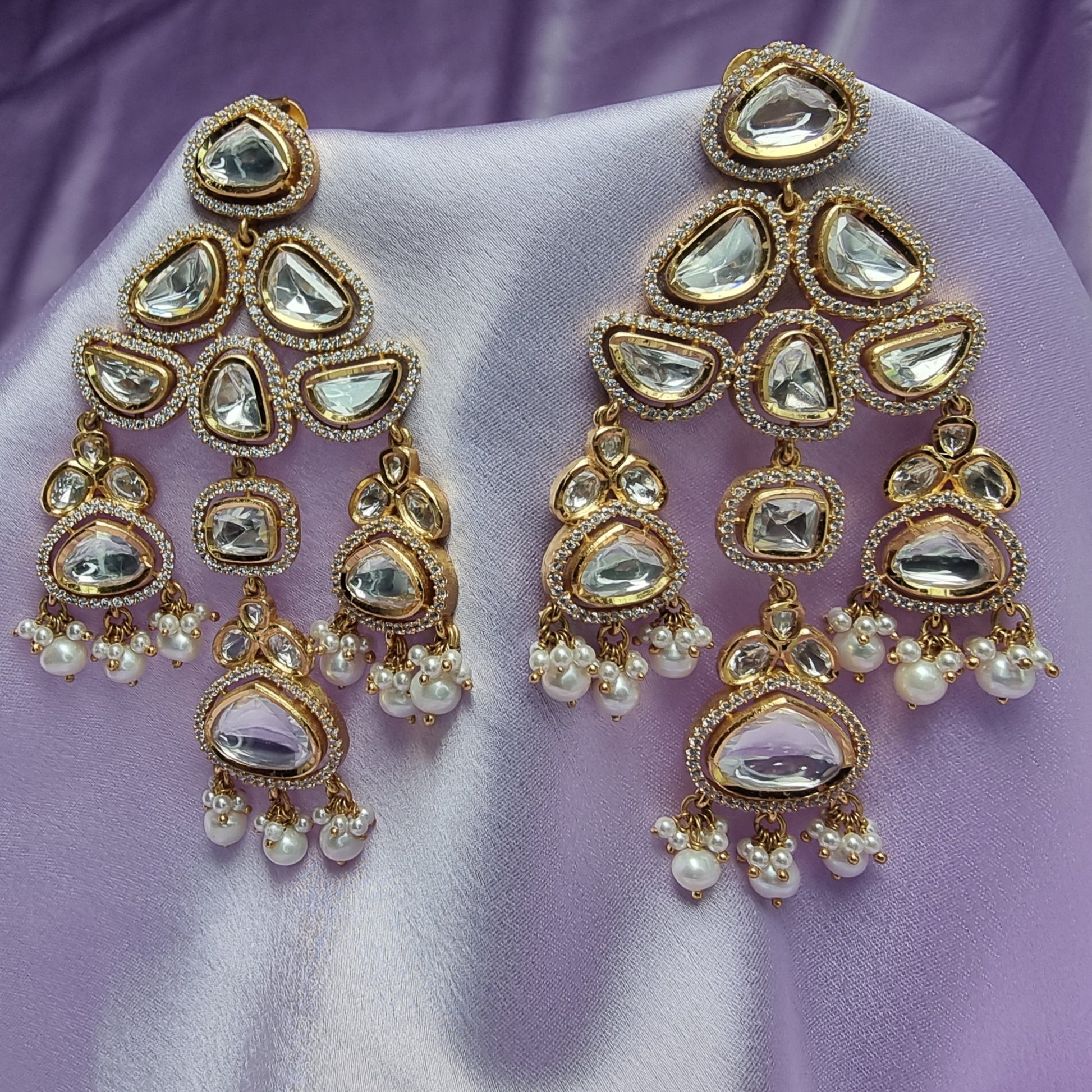 Ashvi Kundan Silver Earrings, Gold plated Kundan earrings 