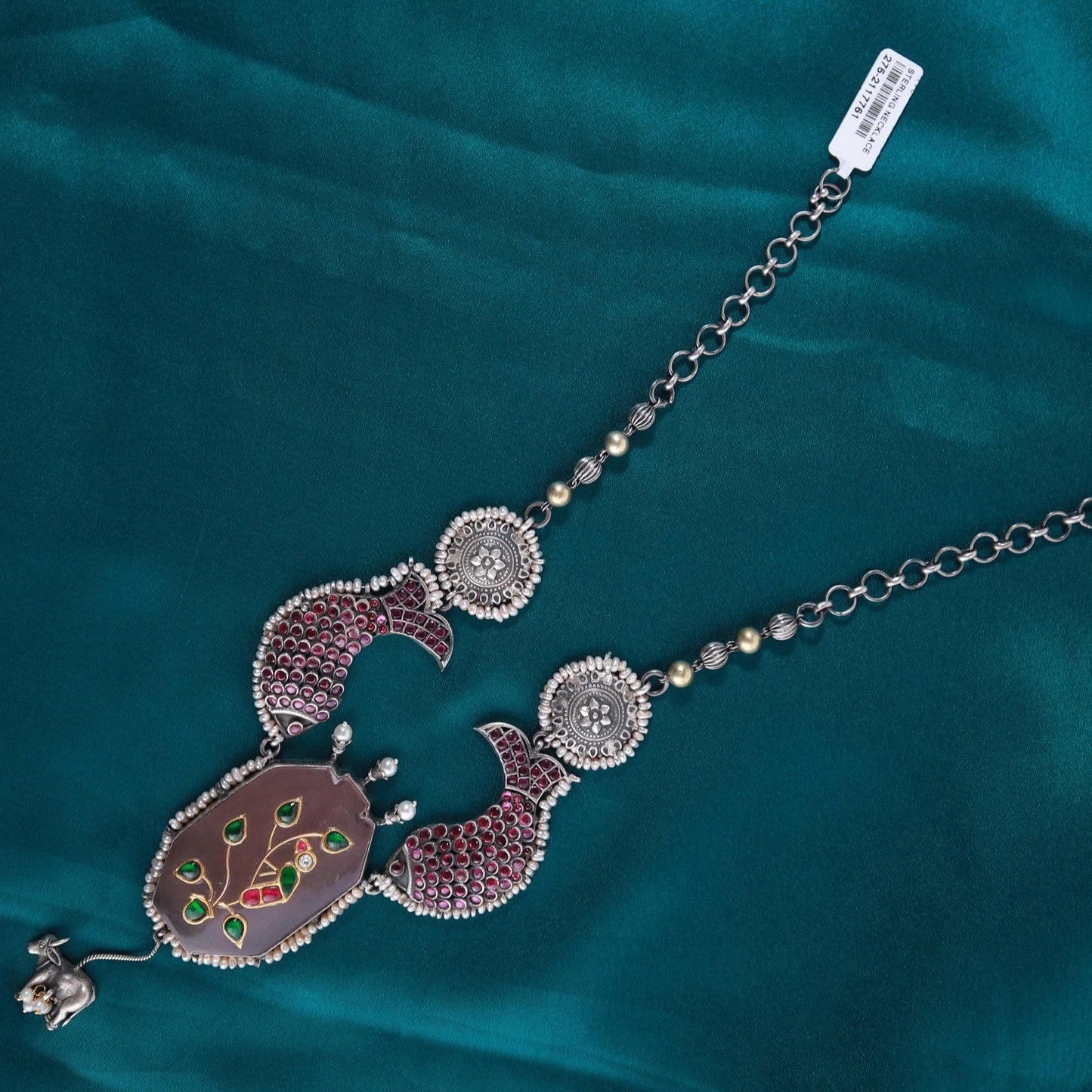 Eleanor Silver Necklace, Gold plated 92.5 silver necklace featuring Pink Spinel Stones, Emerald, and Ruby stones