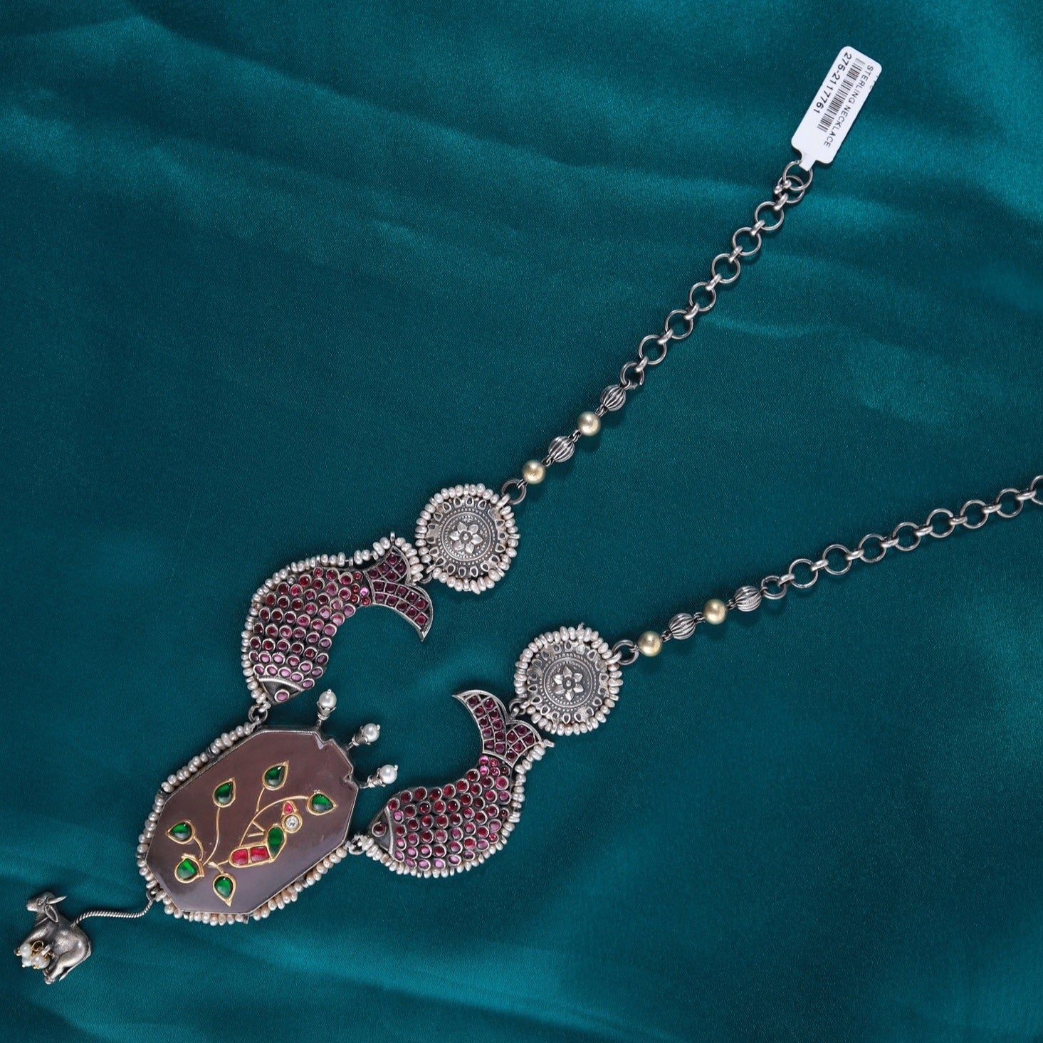 Eleanor Silver Necklace, Gold plated 92.5 silver necklace featuring Pink Spinel Stones, Emerald, and Ruby stones