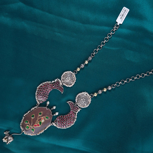 Eleanor Silver Necklace, Gold plated 92.5 silver necklace featuring Pink Spinel Stones, Emerald, and Ruby stones