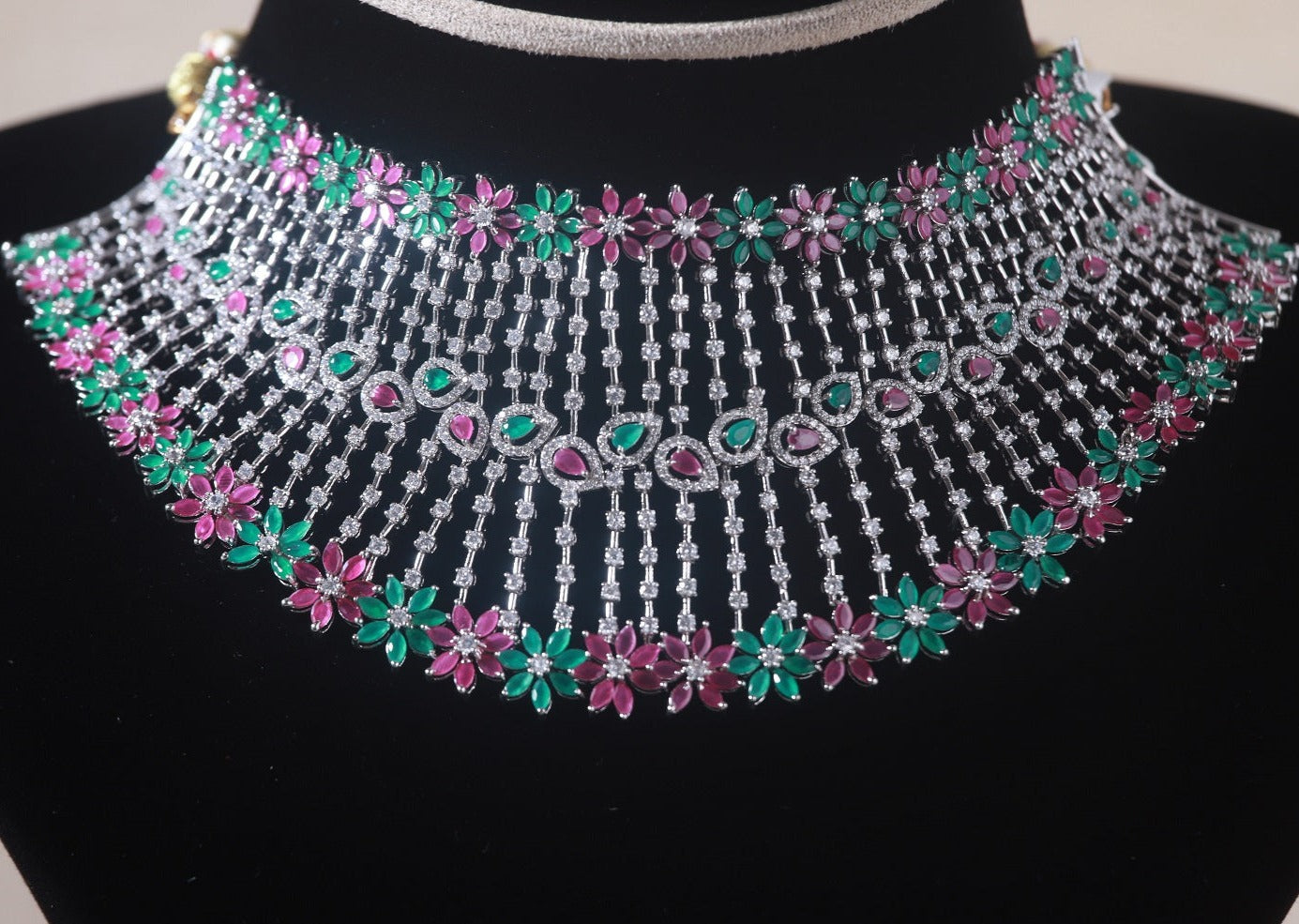 Saanvi Silver Cz Necklace, 92.5 silver cz necklace featuring cz, green fluorite and pink spinel stones