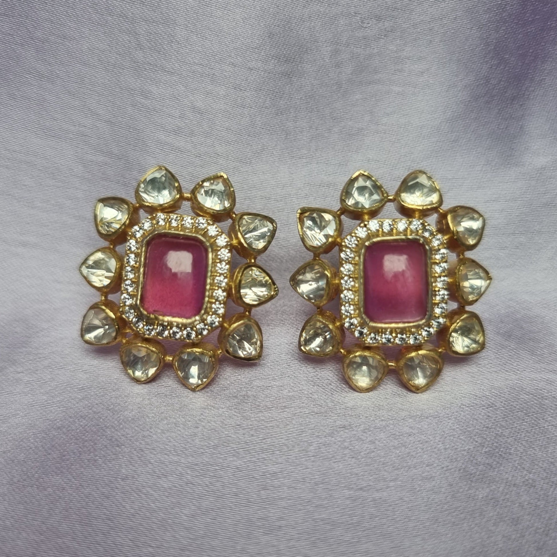 Mugdha silver stud earrings, gold-plated 92.5 silver earrings featuring kundan stones