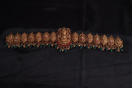 Tritya Nakshi Vaddanam, Gold plated 92.5 silver nakshi vaddanam featuring intricate temple designs adorning kundan stones