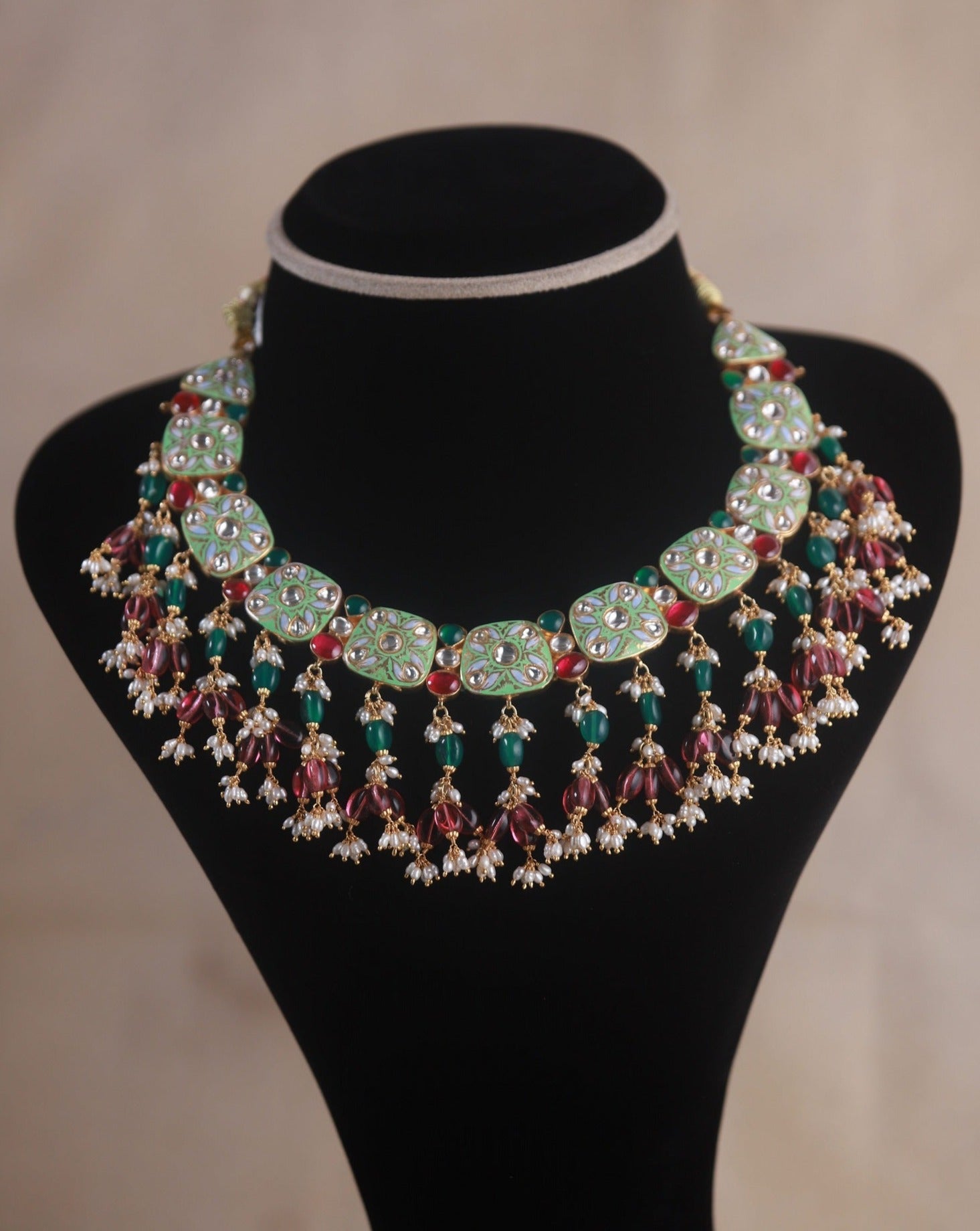 Samaira Silver Necklace, Gold plated 92.5 silver necklace featuring moissanite stones, emerald beads, and rubies.