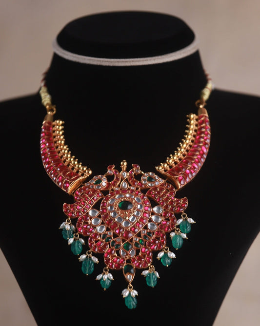 Jivika Gold-plated Kundan Necklace, premium 92.5 silver Gold-plated kundan necklace featuring kundan, emerald stones and rubies