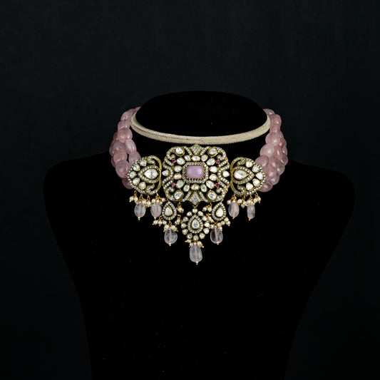 Nyra Victorian choker,  Gold plated premium 92.5 silver victorian choker featuring Pink Fluorite Beads, Pink Spinel Stone, Cubic Zirconia, and Moissanite stones