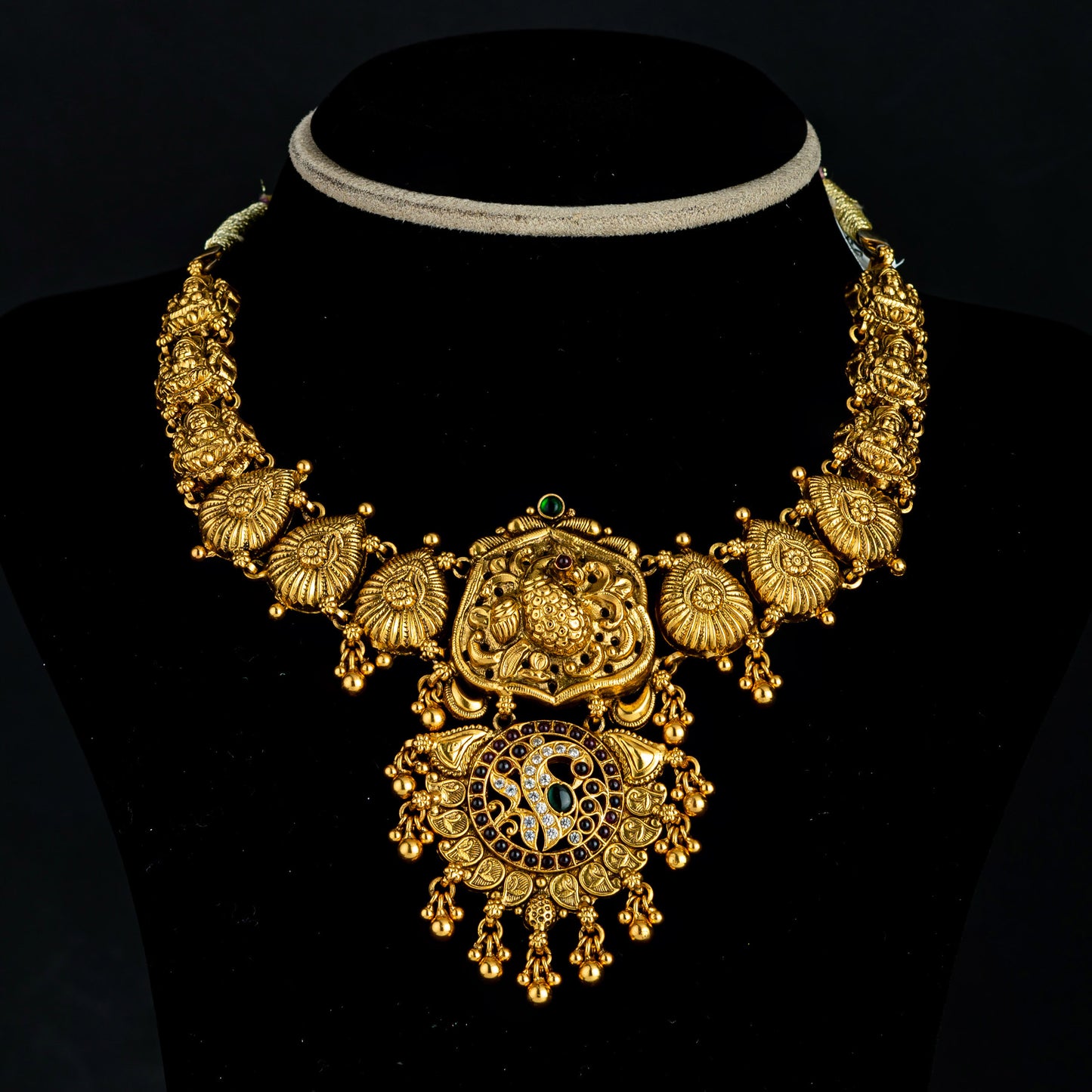 Eva Nakshi Necklace, Gold plated 92.5 silver nakshi necklace featuring premium CZ, emerald stones and rubies