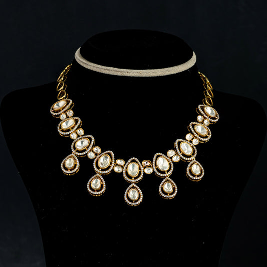 Alisa gold-plated Kundan necklace, Gold plated premium 92.5 silver gold-plated kundan necklace featuring CZ and kundan stones