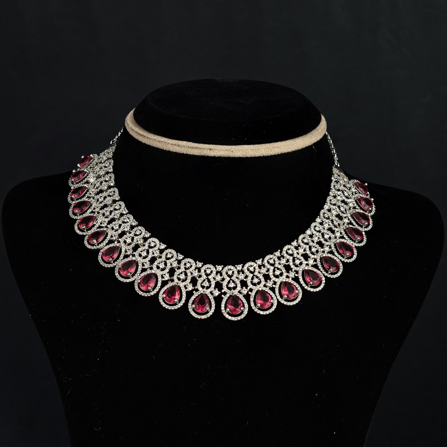 Zavari Silver CZ Necklace, Premium 92.5 silver choker necklace featuring CZ and Rubies