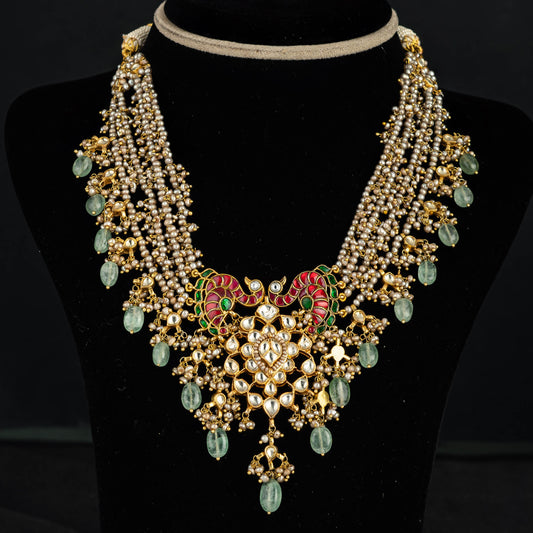 Allison Silver Layered Necklace, Gold plated 92.5 silver layered necklace featuring kundan, emerald stones and rubies
