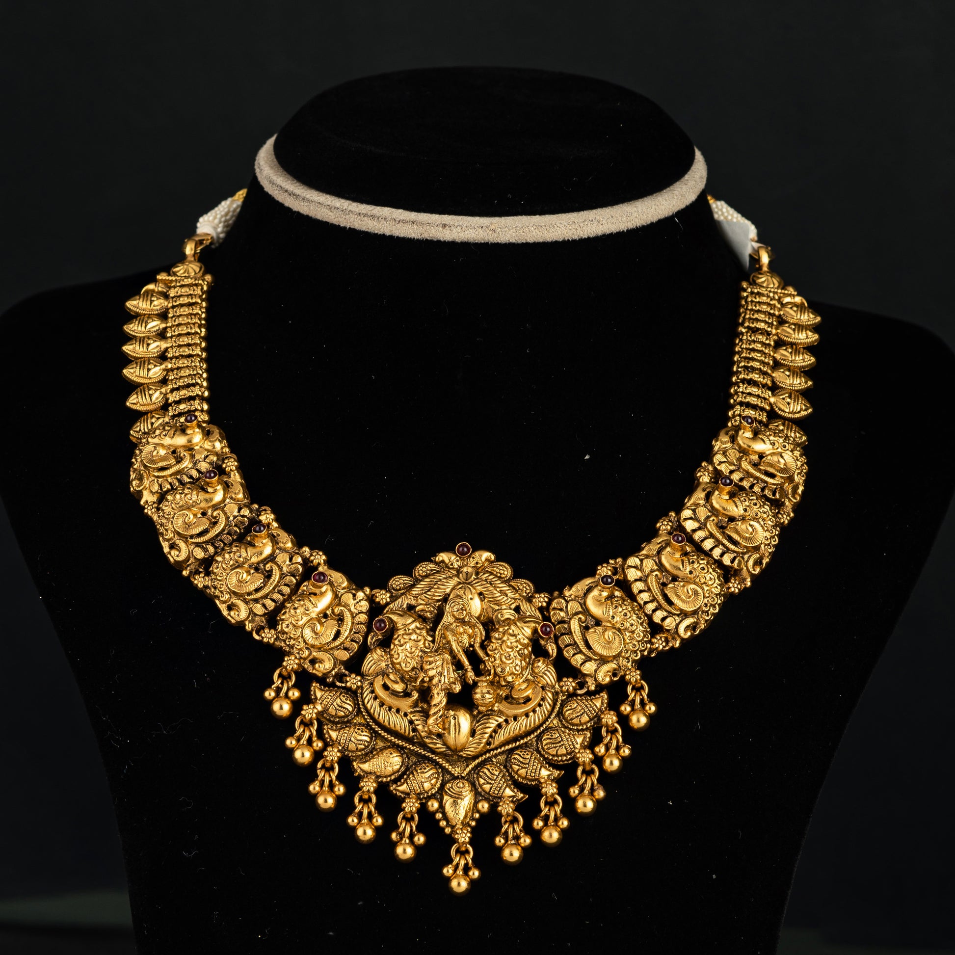 Myra Antique Nakshi Necklace, Gold plated premium 92.5 silver Nakshi necklace featuring ruby potas