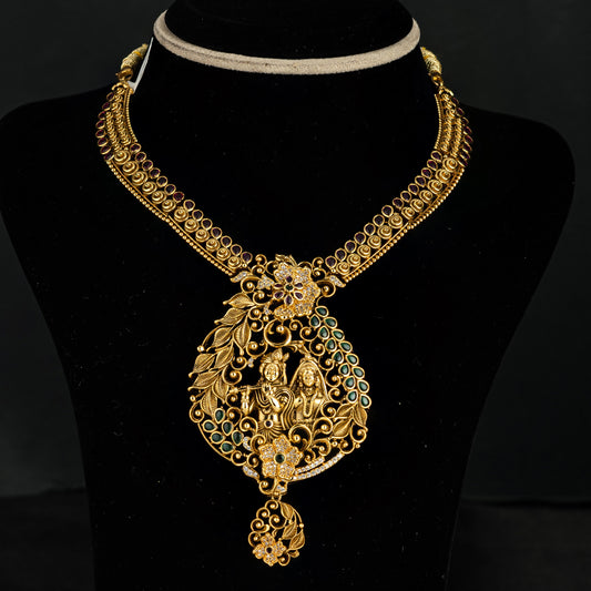 Radha Nakshi Necklace, Gold plated high-quality 92.5 silver nakshi necklace featuring CZ and emerald stones