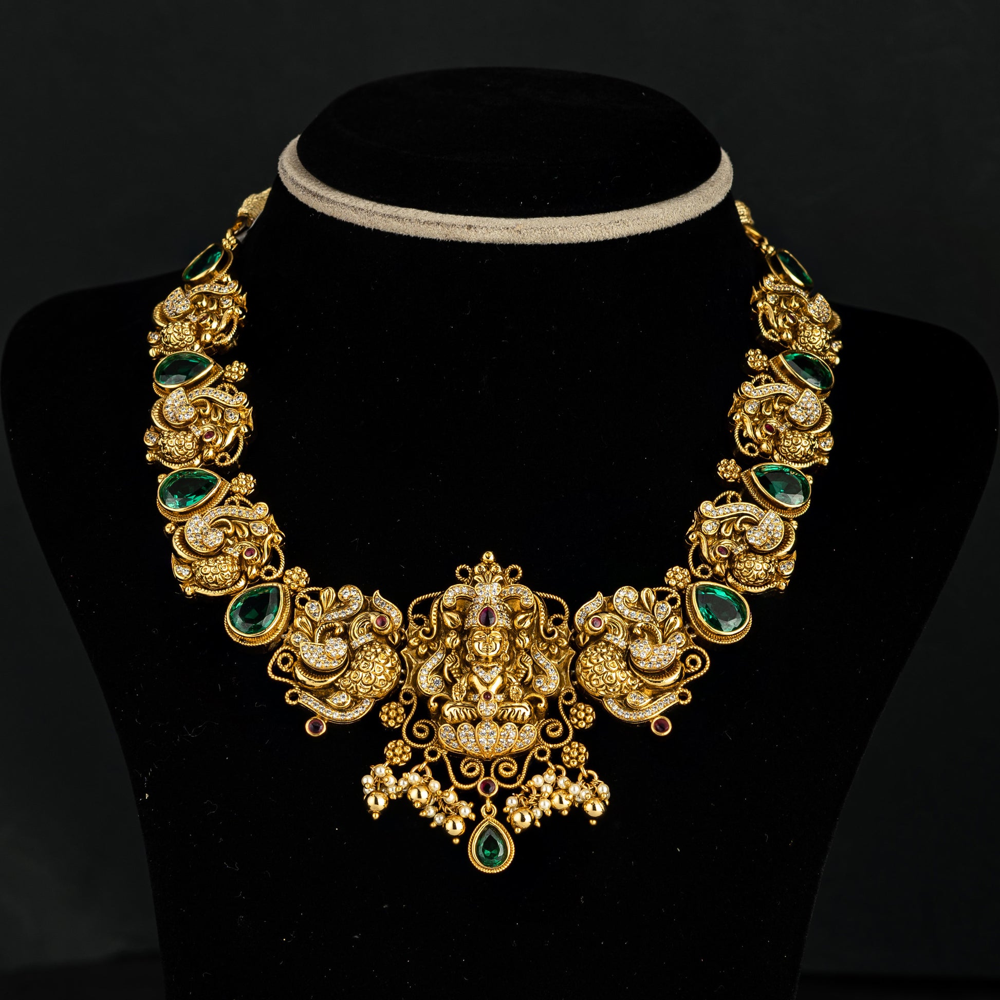 Ithihaasaa Nakshi necklace, Gold plated premium 92.5 silver nakshi necklace featuring CZ and emerald stones