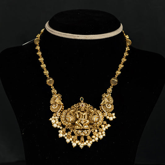 Yashoda Nakshi Necklace, Gold plated premium 92.5 silver nakshi necklace featuring CZ and seeded pearls