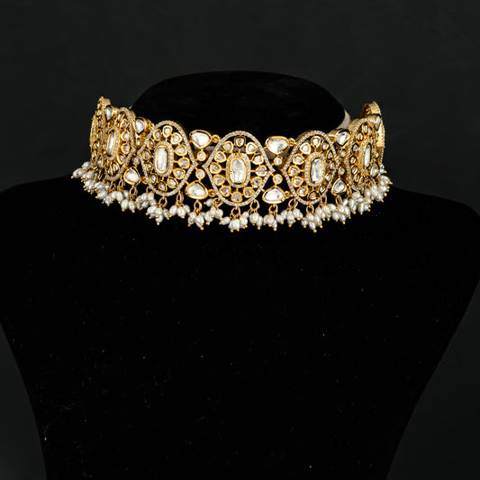 Viviana Polki Choker, Gold plated 92.5 silver polki choker featuring polki and cubic zirconia stones