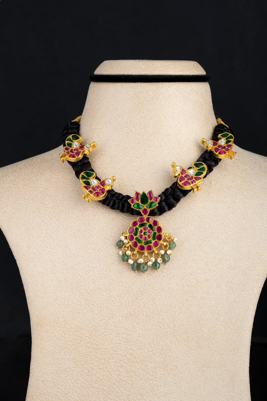 Mahira Thread Silver Necklace, Gold plated 92.5 silver necklace featuring moissanite, emerald stones and rubies