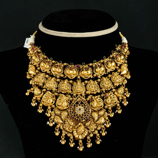 Seona Antique Nakshi Necklace, Gold plated premium 92.5 silver nakshi necklace featuring moissanite, emerald stones, and ruby potas