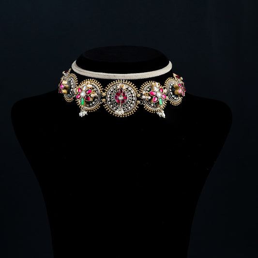 Maali Silver Choker, Gold plated premium 92.5 silver choker featuring CZ, emerald stones and rubies
