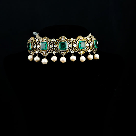 Siara Victorian Choker, Gold plated 92.5 silver victorian choker featuring moissanite stones, emeralds, and cubic zirconia stones.