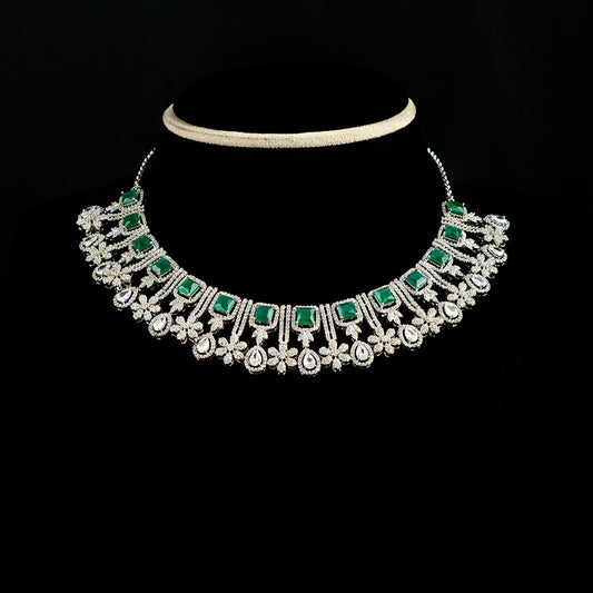 Ava 92.5 silver cz necklace, it features cubic zirconia stones and green jade stones