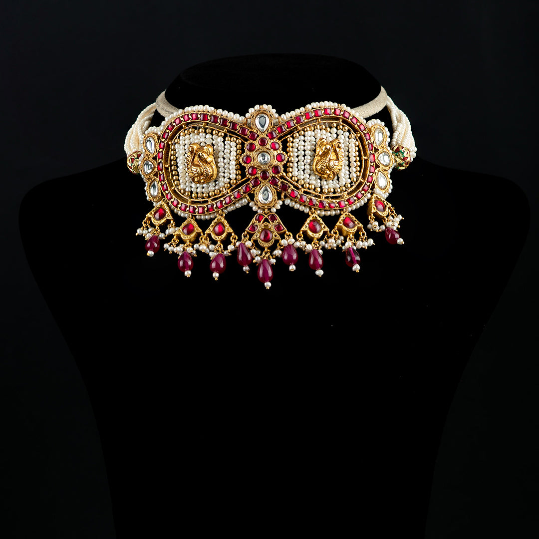 Aaliya navaratna silver choker, Gold plated 92.5 silver choker necklace featuring Seed pearls, Moissanite and Ruby stones