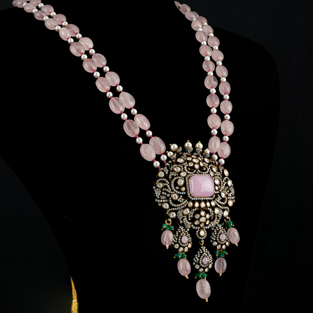 Clara victorian beads haram, high-quality gold-plated 92.5 silver haram featuring pink tourmaline and CZ stones