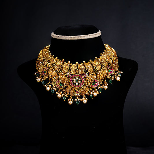 Eesha Nakshi Necklace, Gold plated premium 92.5 silver necklace featuring timesless rubies, emeralds, and moissanite stones