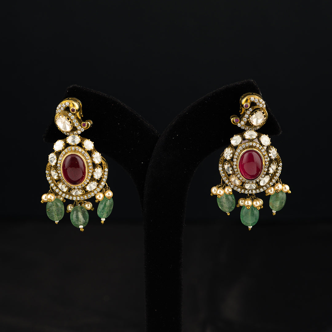 Eshana silver earrings, high-quality gold-plated 92.5 silver earrings featuring ruby, moissanite and CZ stones 