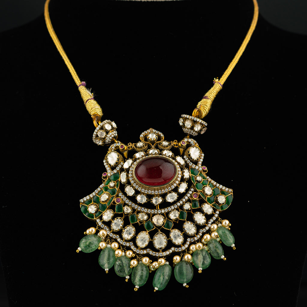 Margaret victorian silver CZ pendant, crafted with high-quality gold-plated silver featuring ruby, seed pearls, CZ and moissanite stones