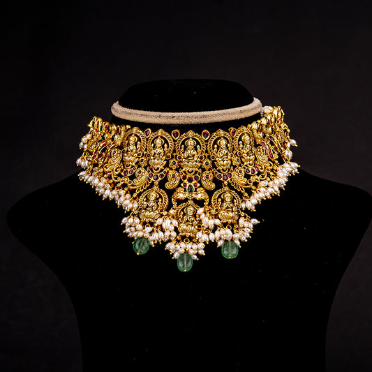 Ailsa Nakshi Silver Choker, Gold plated premium 92.5 silver choker featuring timeless rubies and emerald stones