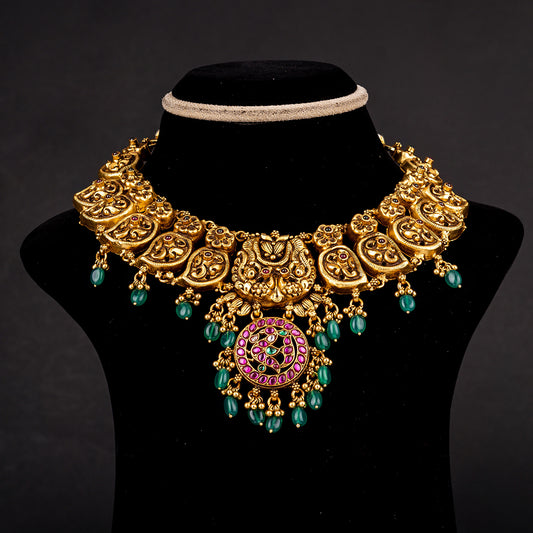 Takshi Gold-plated Kundan Necklace, Gold plated premium 92.5 silver gold-plated kundan  necklace featuring timeless Emerald, Ruby potas, Kundan stones and rubies
