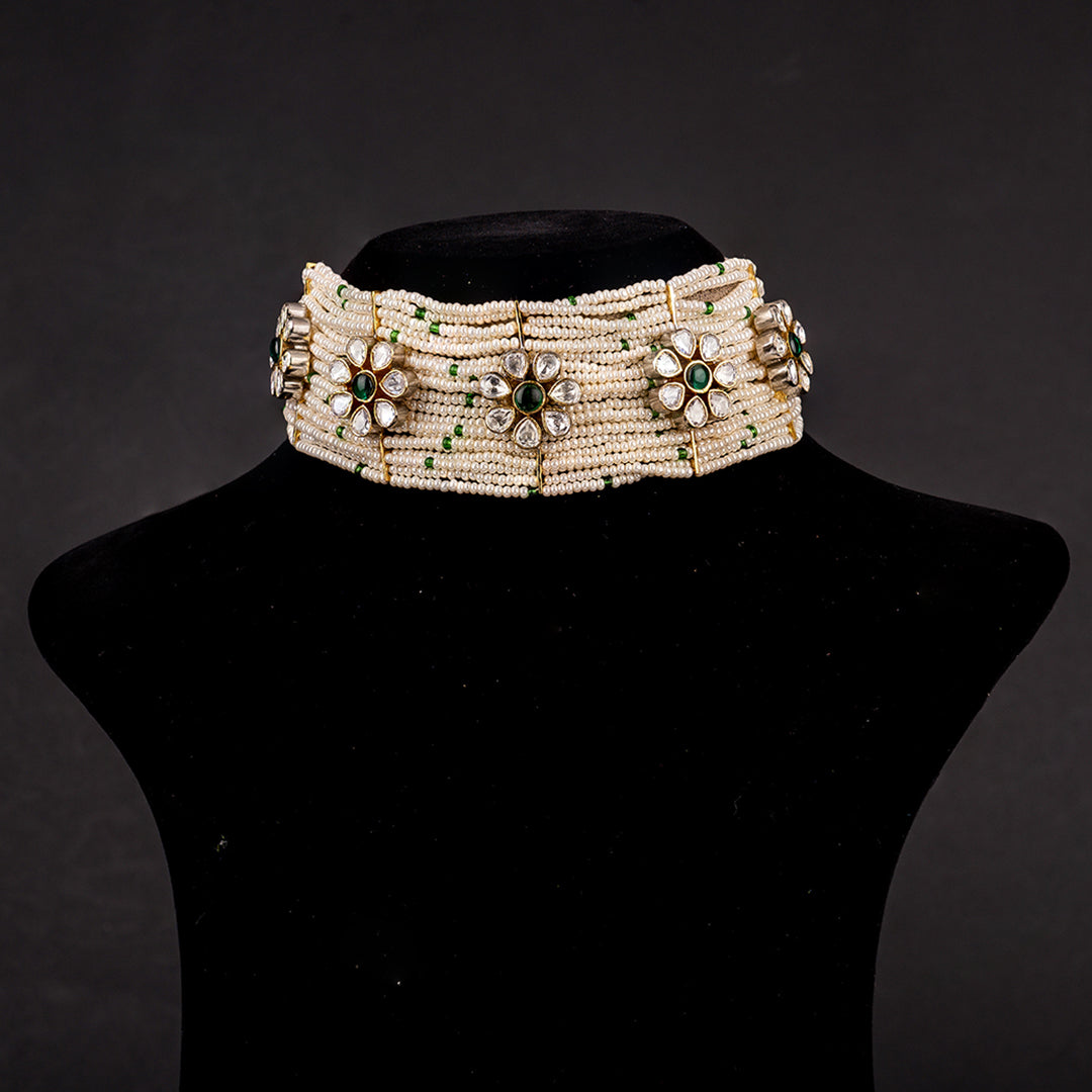 Shyla Silver Choker, Gold plated premium 92.5 silver choker necklace featuring timeless moissanite, emerald stones, and seed pearls