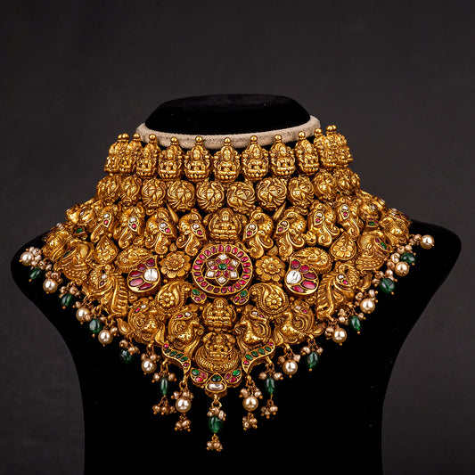 Naina Nakshi Silver Choker, Gold plated premium 92.5 silver choker featuring premium moissanite, emerald stones and rubies