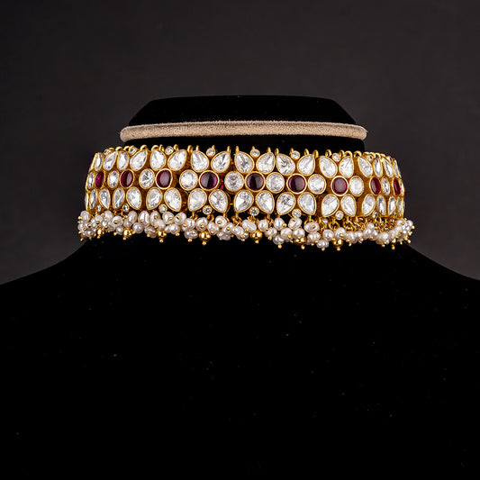 Ishana Silver Choker, Gold plated premium 92.5 silver choker necklace featuring timeless CZ, emerald stones and rubies